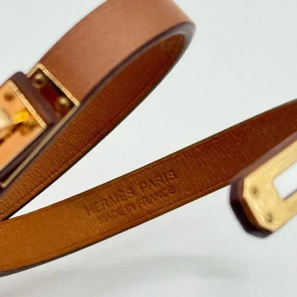 Hermes Mini Kelly Double Tour Brown Calfskin Leather Rose Gold Plated Bracelet - Picture 7 of 11